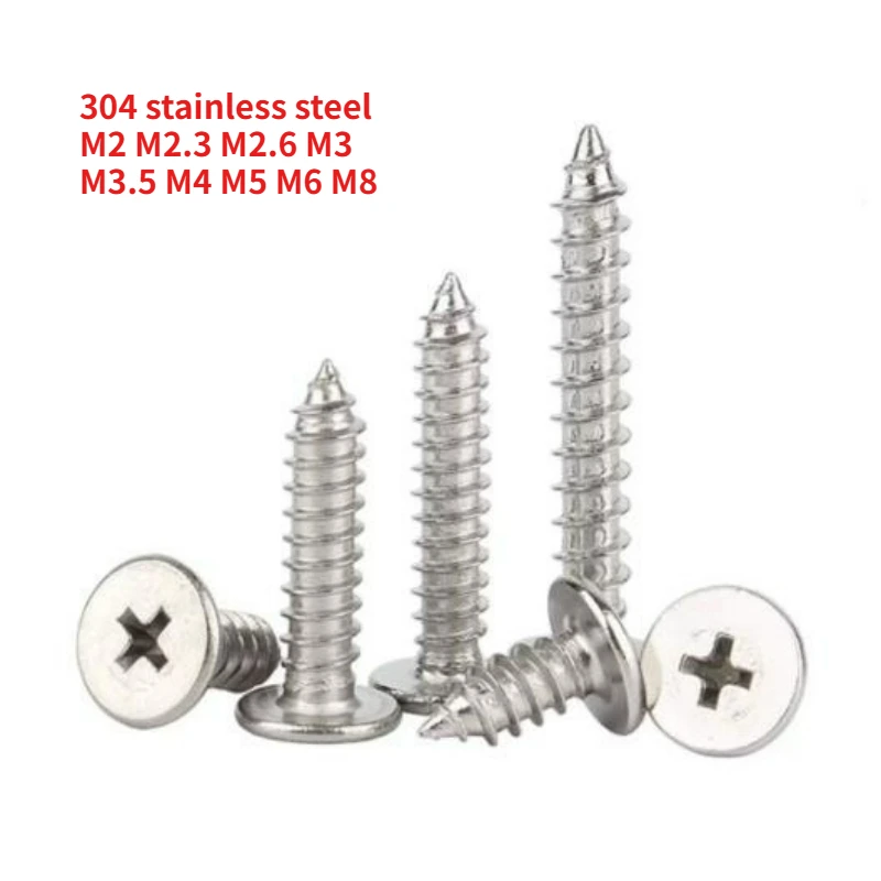 10-500pcs M2 M2.3 M2.6 M3 M3.5 M4 M5 M6 M8 304 Stainless Steel CA Ultra-thin Head Cross Flat Head Self Tapping Wood Screw