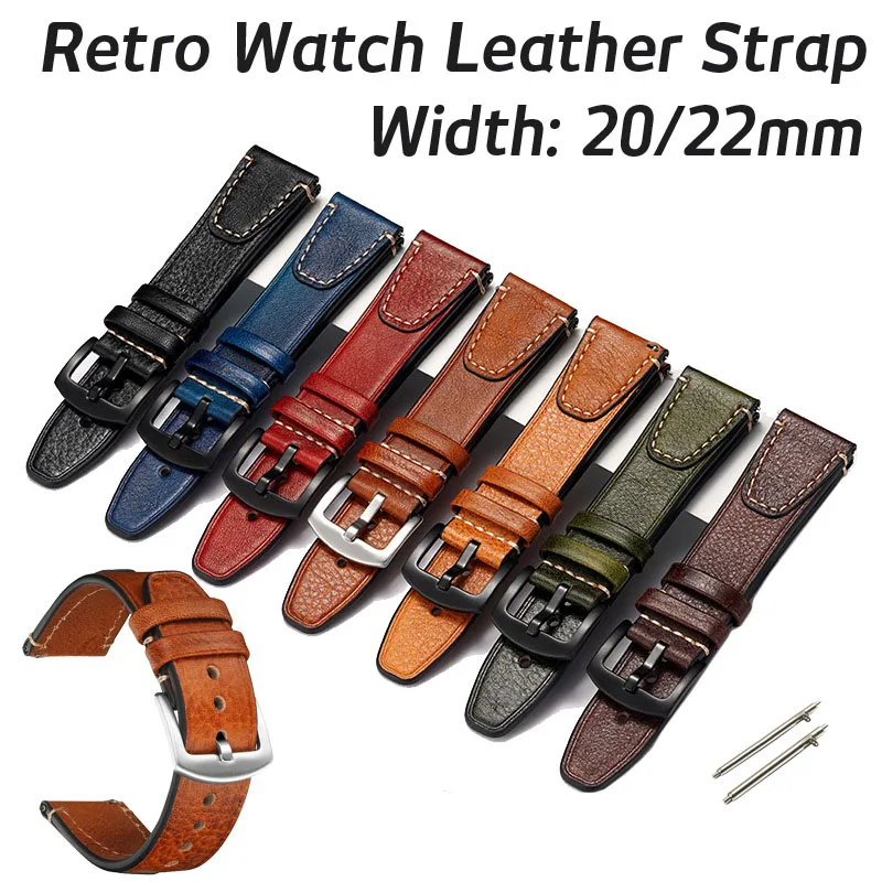 Top Layer Calf Genuine Leather Watchband 20mm 22mm Watch Band Strap Universal Retro Wristband Bracelet with Pins