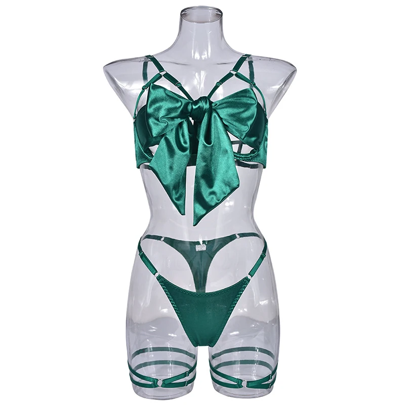 

Women Lingerie Set Crotchless G-String Brief Satin Bow Knot Cute Erotic Garter Set Bodysuit Nightwear Sexy Underwear