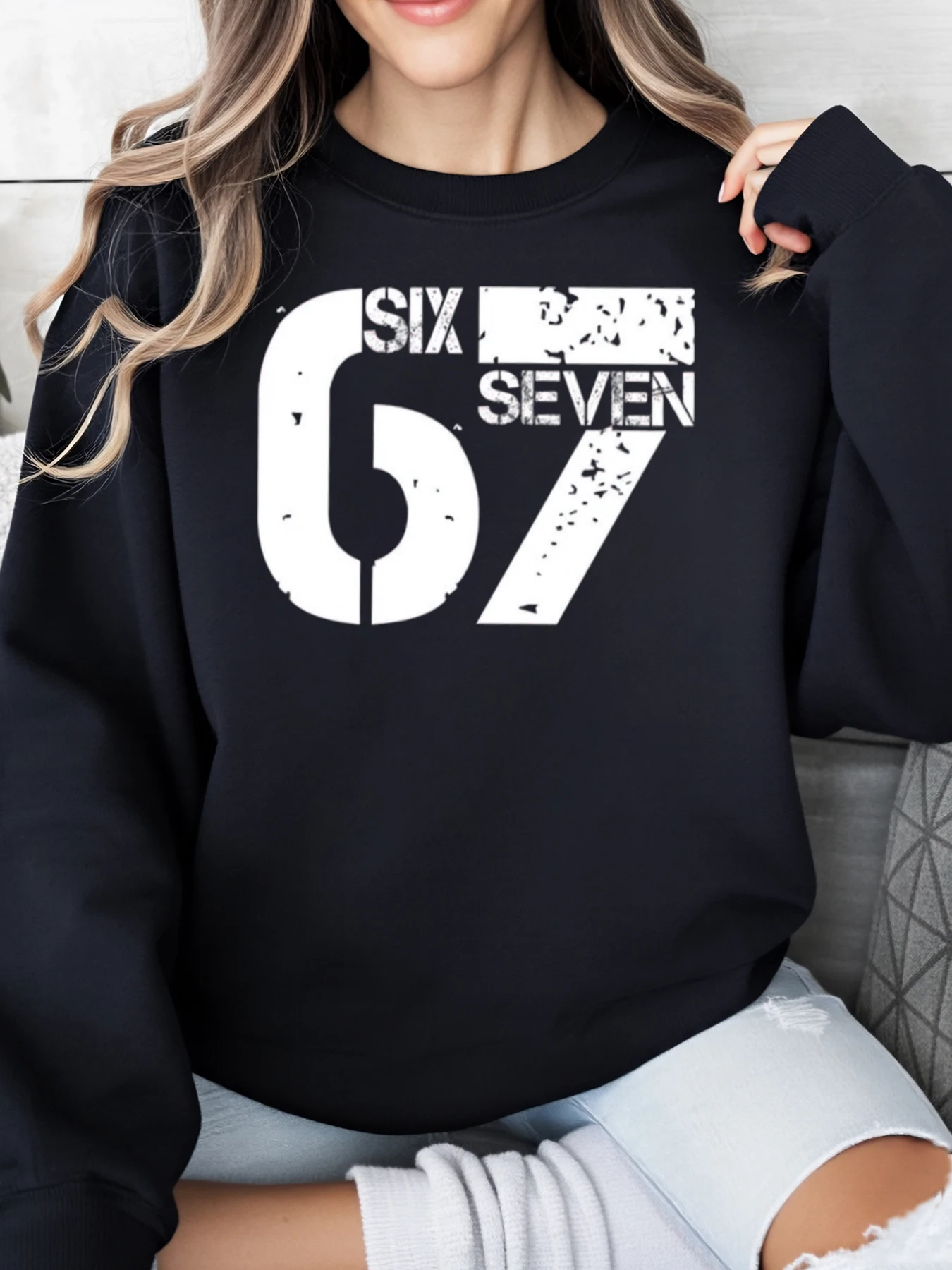 

Толстовка с принтом Six Seven 67, женская повседневная одежда на Хэллоуин, черная, больших размеров