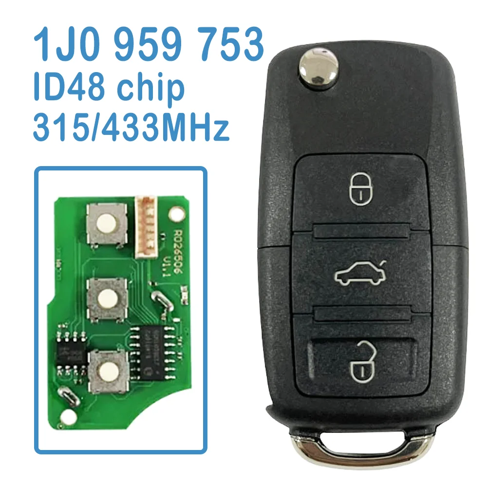 

2 Pcs 1J0 959 753 Series Auto Smart Remote 2+1B 315/433MHz ID48 Chip Flip Car Key For Volkswagen Tiguan Touran Golf Seat Skoda