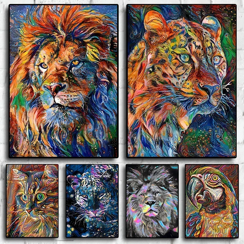 Canvas Painting Abstract Animals Lion Tiger Cat Colour Retro  Wall Decoration Pictures Living Bedroom Decor Posters