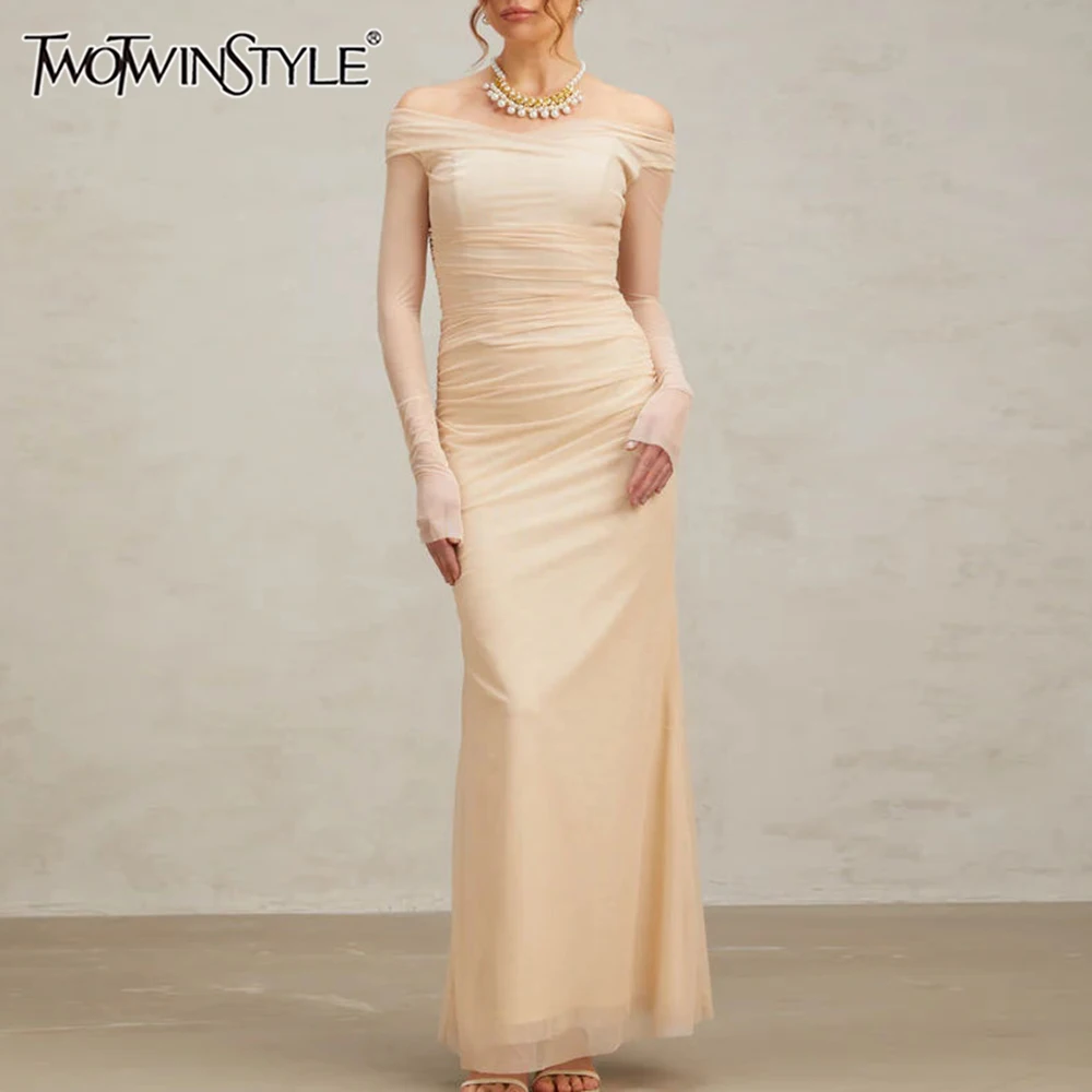 

TWOTWINSTYLE однотонные утягивающие вечерние модные платья для женщин с разрезом на шее и длинными рукавами, лоскутное платье со складками, женская одежда, новинка