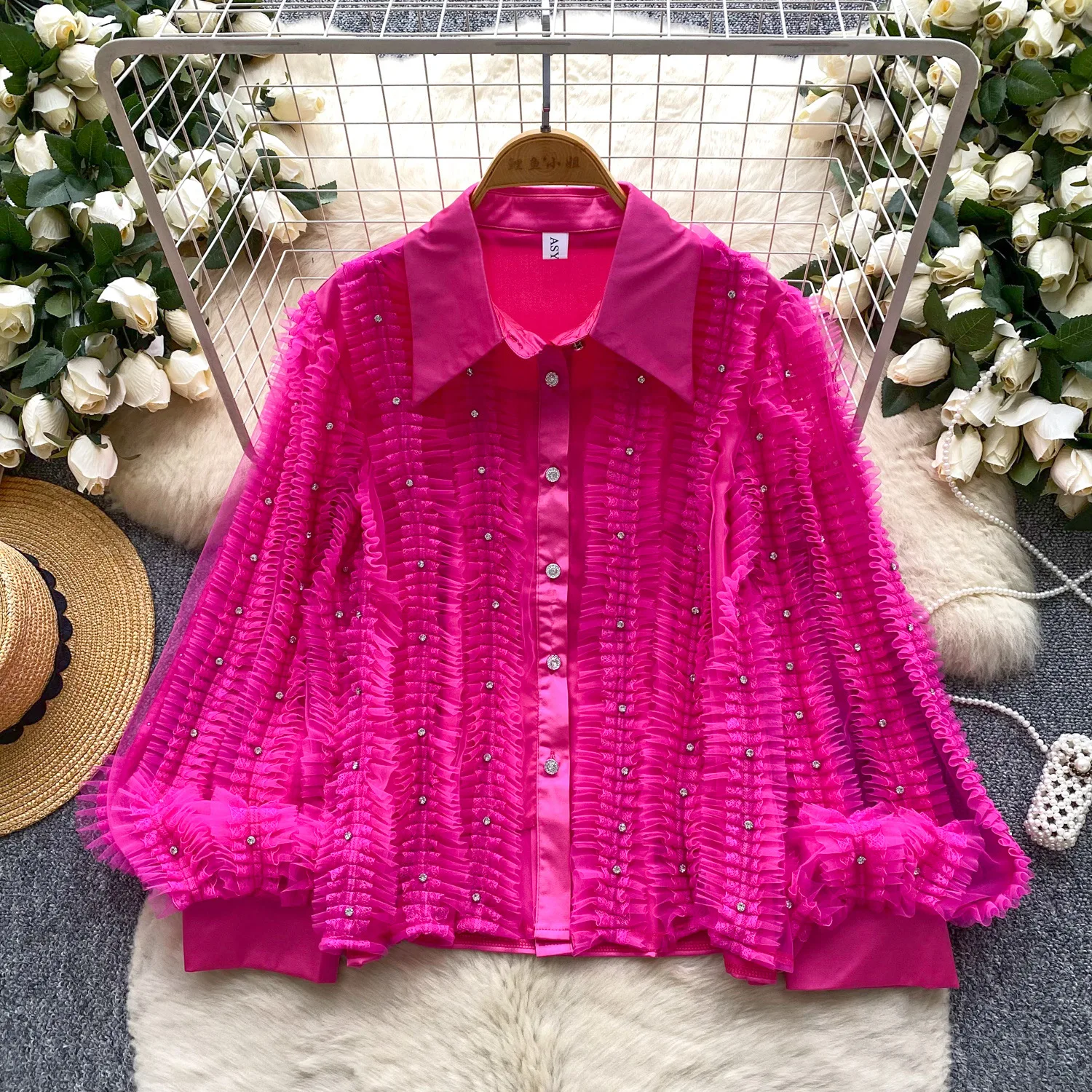 Blouses Women Shirt Turn Down Collar Lantern Sleeve Tops Casual Loose Y2k Streetwear Elegant Splice Shirts Work Autumn Winter