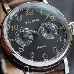 Baltany Mono-pusher Function Watch 9122 Auto S6048 Week Month Hardening Process MOP Dial Leather Retro Dress Wristwatch