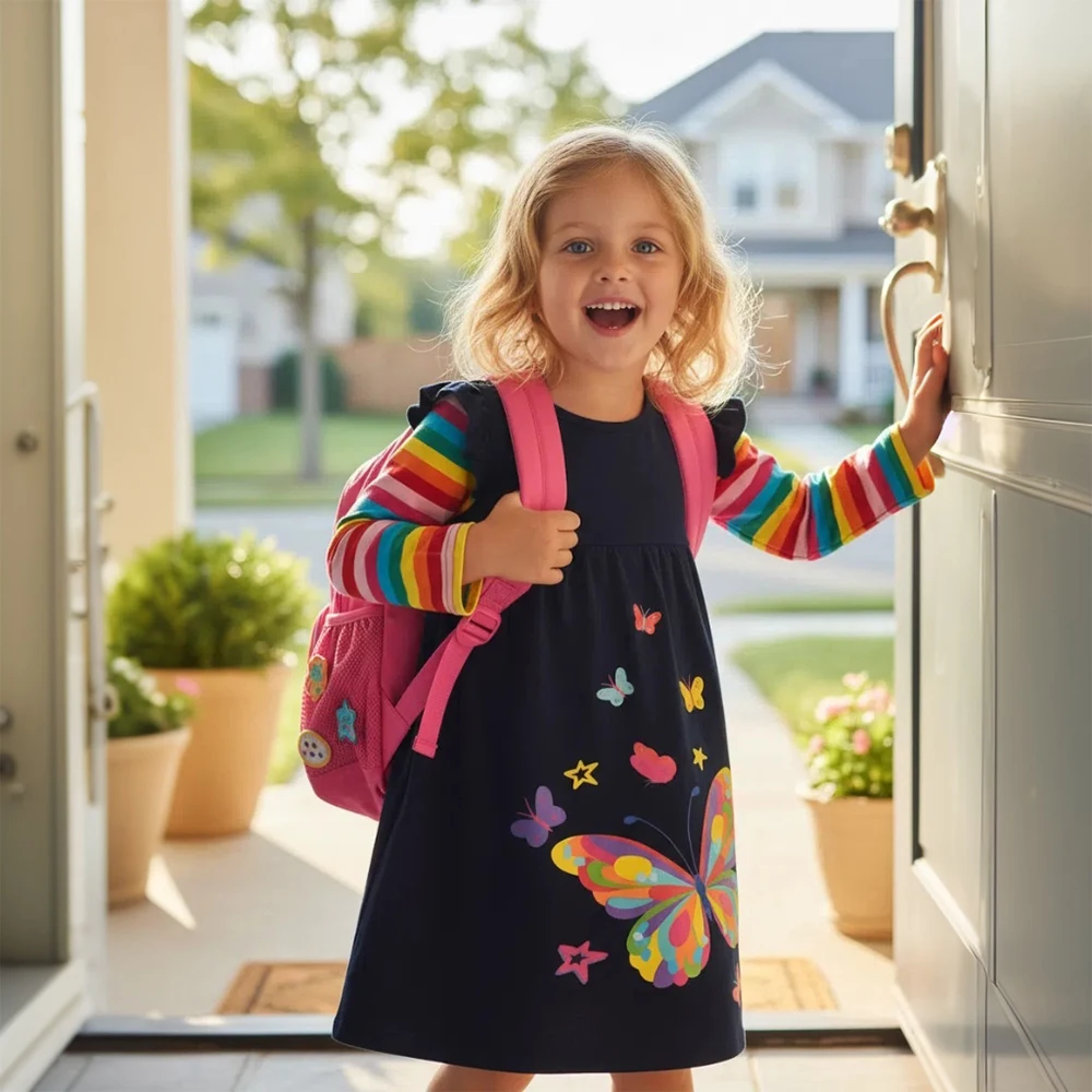 DXTON 어린이 데일리 드레스 코튼 유아 캐주얼 의류 레인보우 긴 소매 키즈 드레스 나비 휴가 소녀 드레스 착용