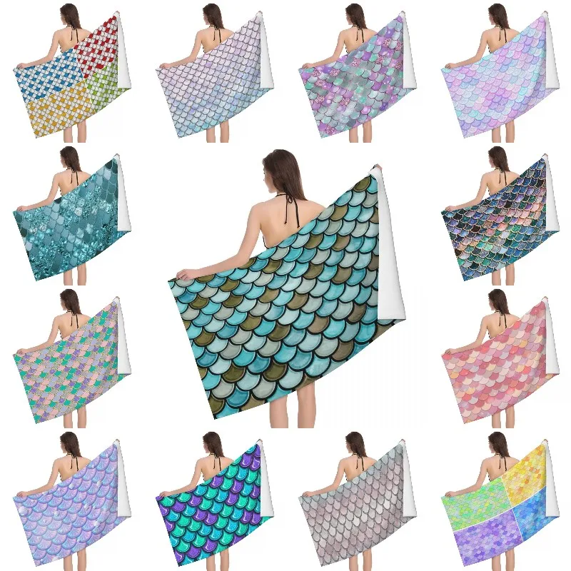 Fish Scale Beach Towel Quick Dry Colorful Mermaid Soft Linen Microfiber Bathroom Sauna Towels