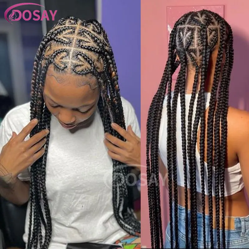 Peruca trançada caixa Knotless para mulheres negras, em forma de coração, Faux Locs, tranças, renda cheia, peruca Cornrow, cabelo de bebê, cabelo sintético