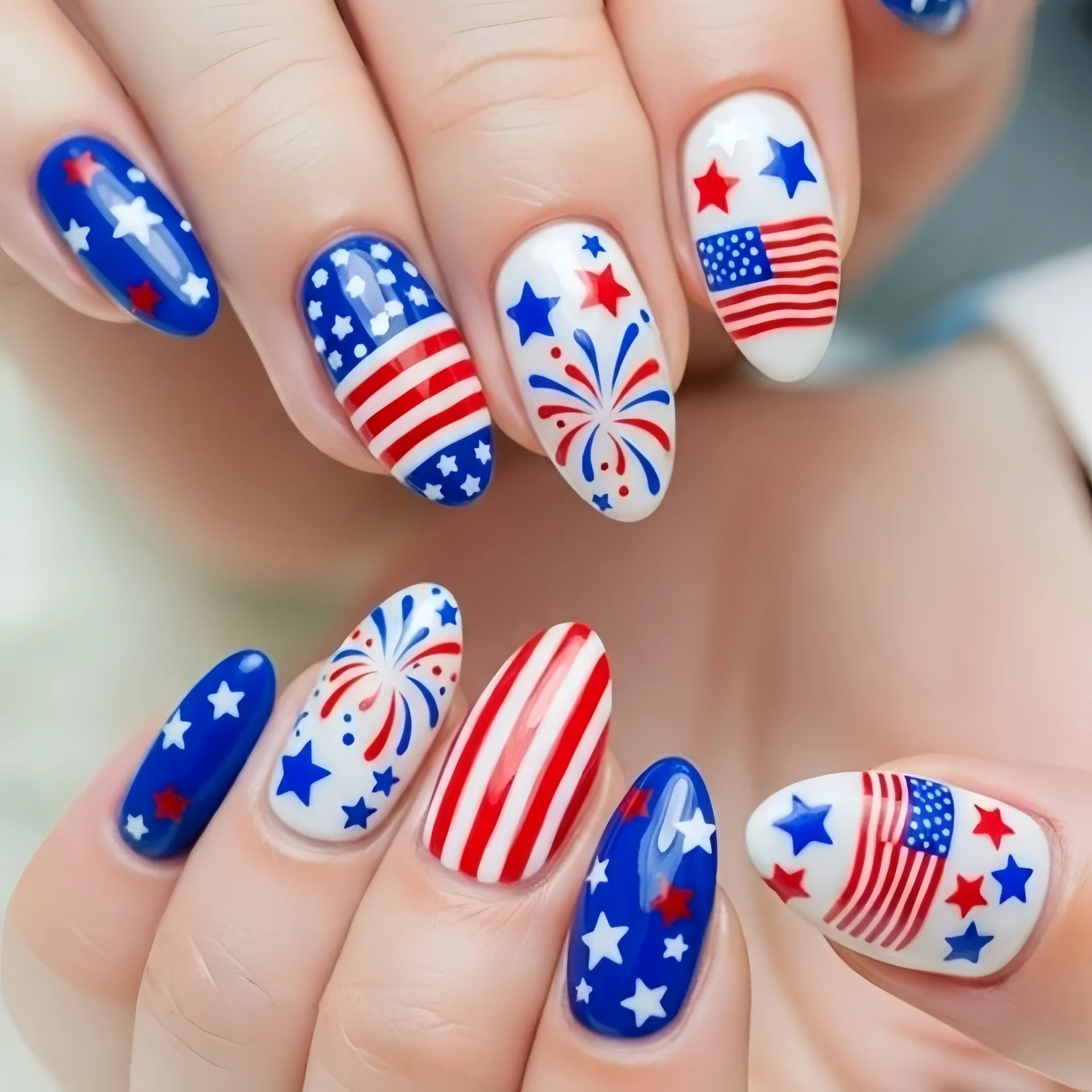 

Independence Day fireworks star striped nail, medium and long almond nail art, fashionable nail art