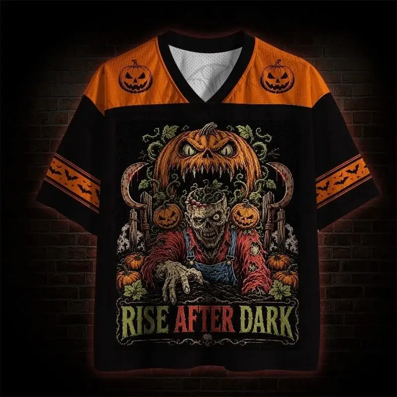 2026 New Style Black Zombie Pumpkin Scythe Front and Back Printed Halloween V-Neck Streetwear T-Shirt
