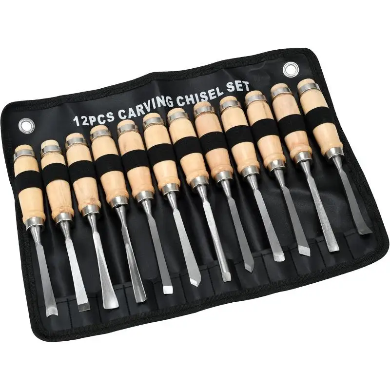 12 Pieces Wood Chisel Set Professional Carving Tools with Steel Hammer End for Woodworking DIY Craftsman Beginners Precision