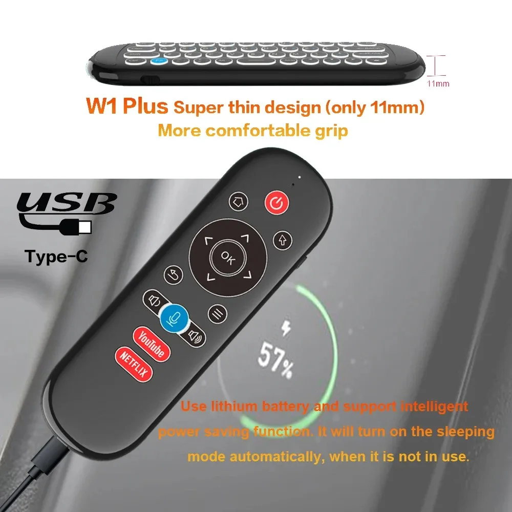 W1 PLUS  Wireless Air Mouse Keyboard Mini 2.4G Backlit 6-Axis Gyro IR Learning Anti-loss Voice Remote Control for Android TV Box