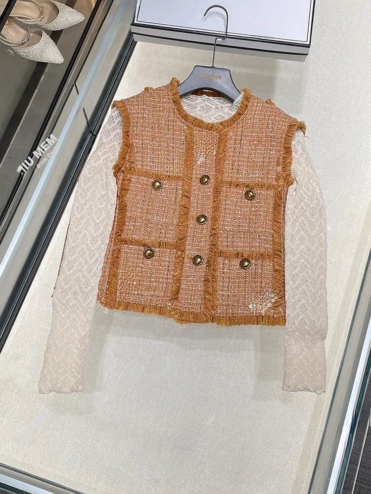 High-End Autumn Winter Tweed Fringe Vest Outerwear for Women Commute Sle with kets round Ne Single Button Closure