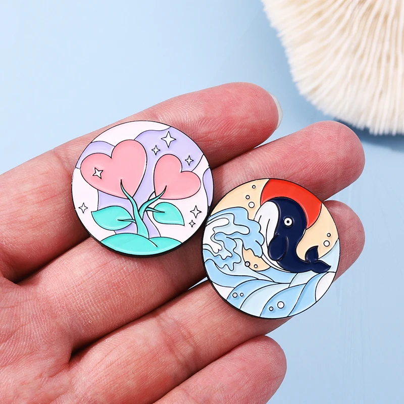 Chmury Ocean Whale Flower Pin Lapel Badge Biżuteria Prezent dla dzieci Przyjaciele Natura Malarstwo olejne Emalia Broszka Niestandardowy Tęczowy Zachód Słońca