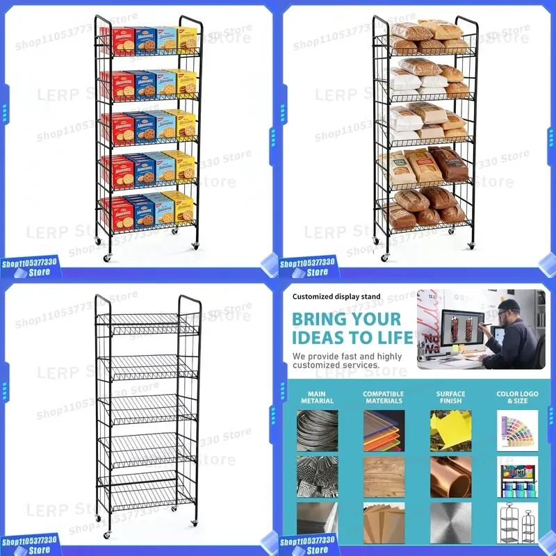 Metal Rolling Bread Display Stand Independent Iron Bakery Shelf for Shop Store Counter Organizer Rack Heavy Duty Storage Unit
