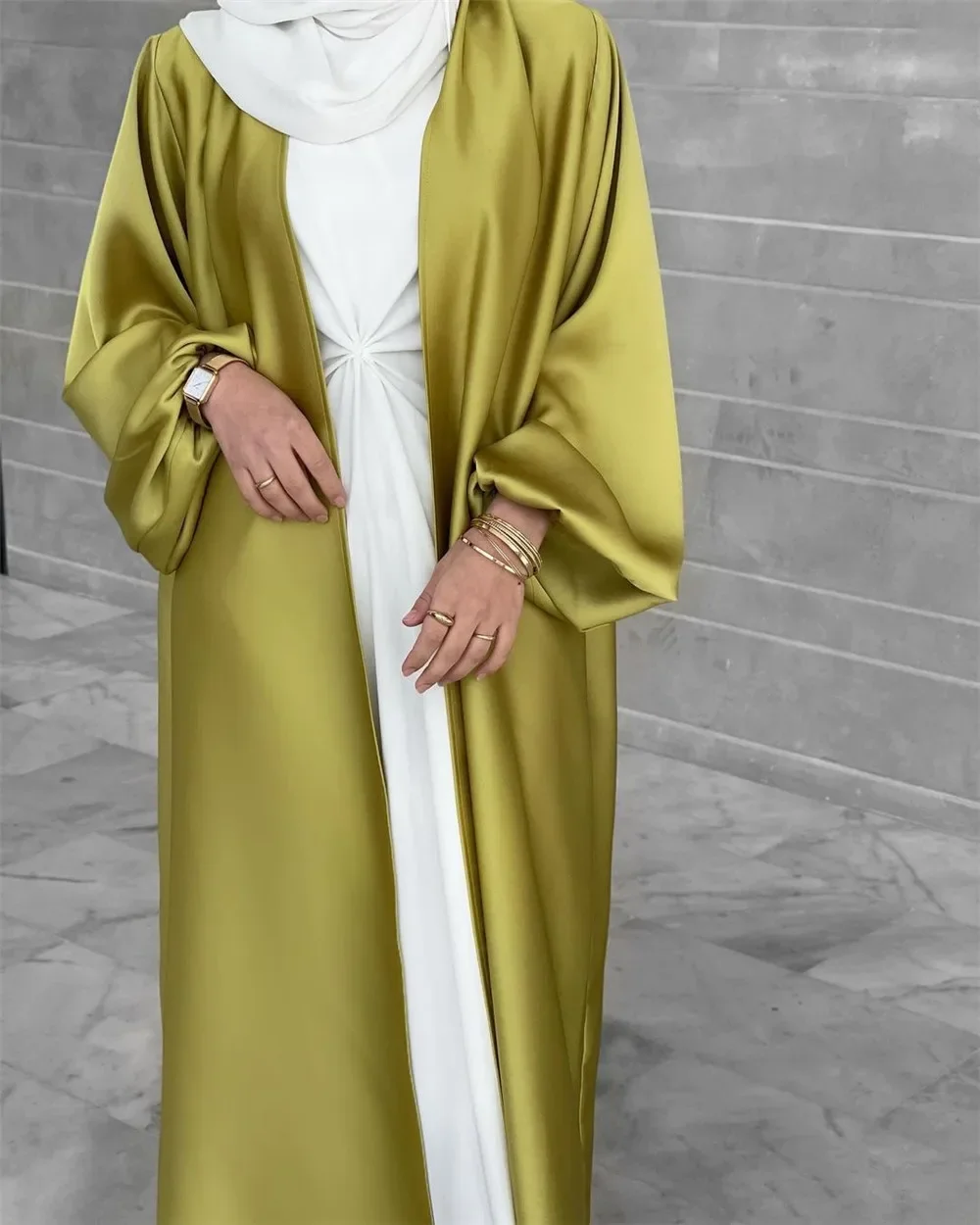 Satin Open Abaya Kimono Turkey BubbleSleeve Plain Abayas for Women Dubai 2023 Muslim Dress Islam Modest Outfit Kaftan Hijab Robe