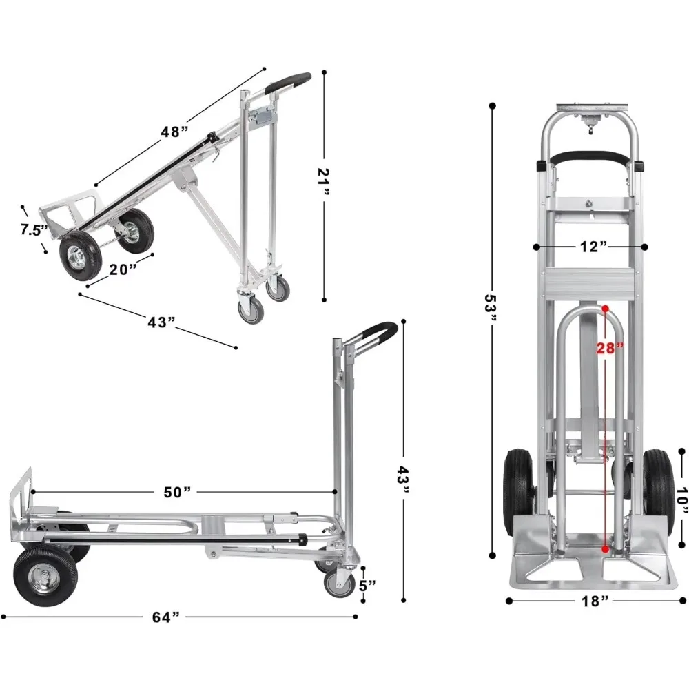 home.Industrial Convertible Hand Truck - AS7A2 Heavy Duty Aluminum 3 in 1 Dolly (750 lb Capacity) Lightweight Frame