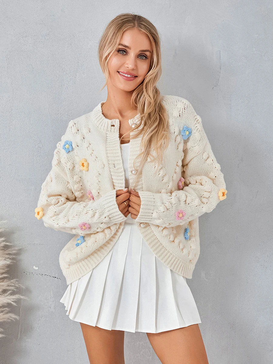 Women Fashion Handmade Crochet Cardigan 3D Flower Embroidery Long Sleeve Sweater Button-Down Fall Casual Soft Knit Coat Tops