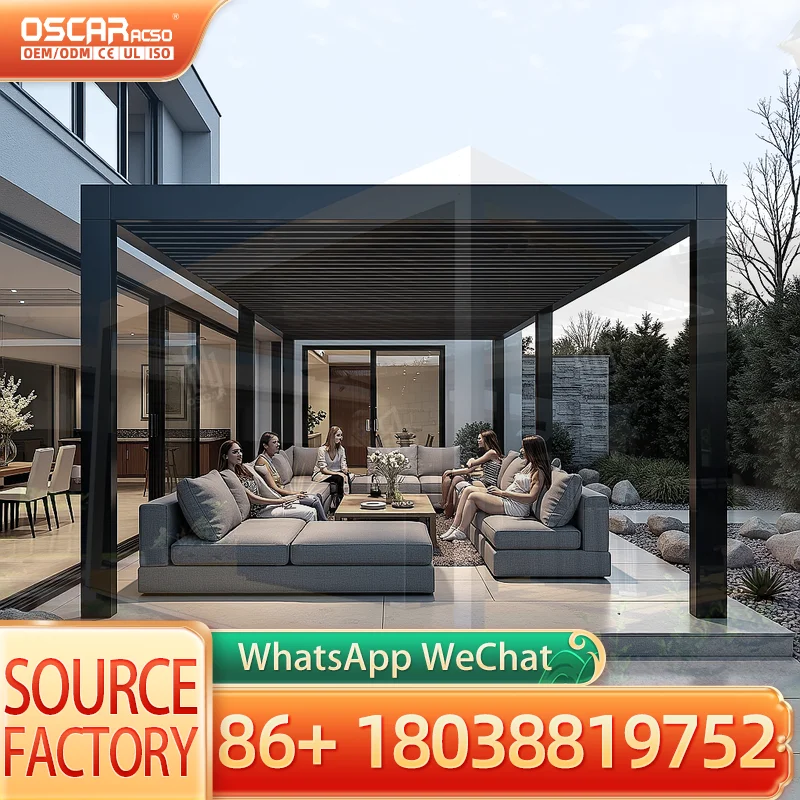Small Patio Garden Louver with Retractable Canopy Metal Outdoor Structure Aluminium Shelter 3x3m for Backyard Balcony Terrace pe