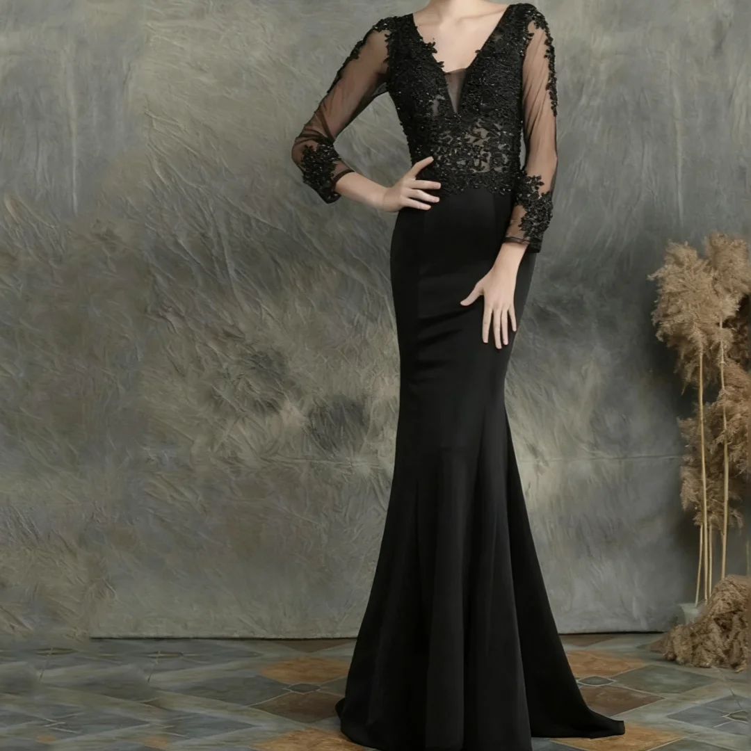 

Classic Black Applique Mother of the Bride Dress Mermaid Beading Wedding Party Event Guest Gown Elegant V-Neck Customized
