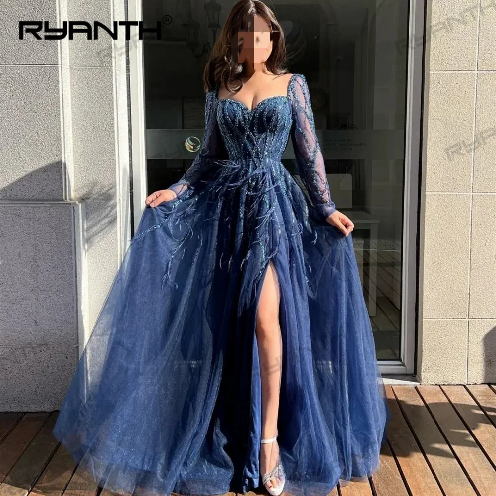 Ryanth Elegant Sweetheart A-line Evening Dresses Tassel Lace Layered /Tulle Floor length Prom Exquisite vestidos de noche فساتين