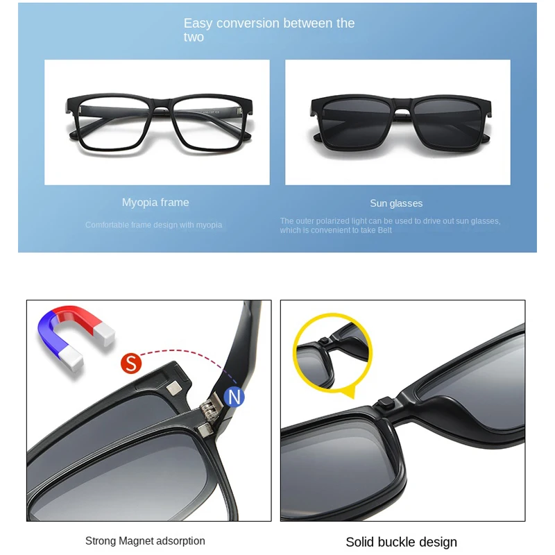 VCKA 6 In 1 Polarized Myopia Sunglasses Men Women Magnetic Clip On Glasses TR90 Optical Prescription Eyeglass Frame -0.5 to-10