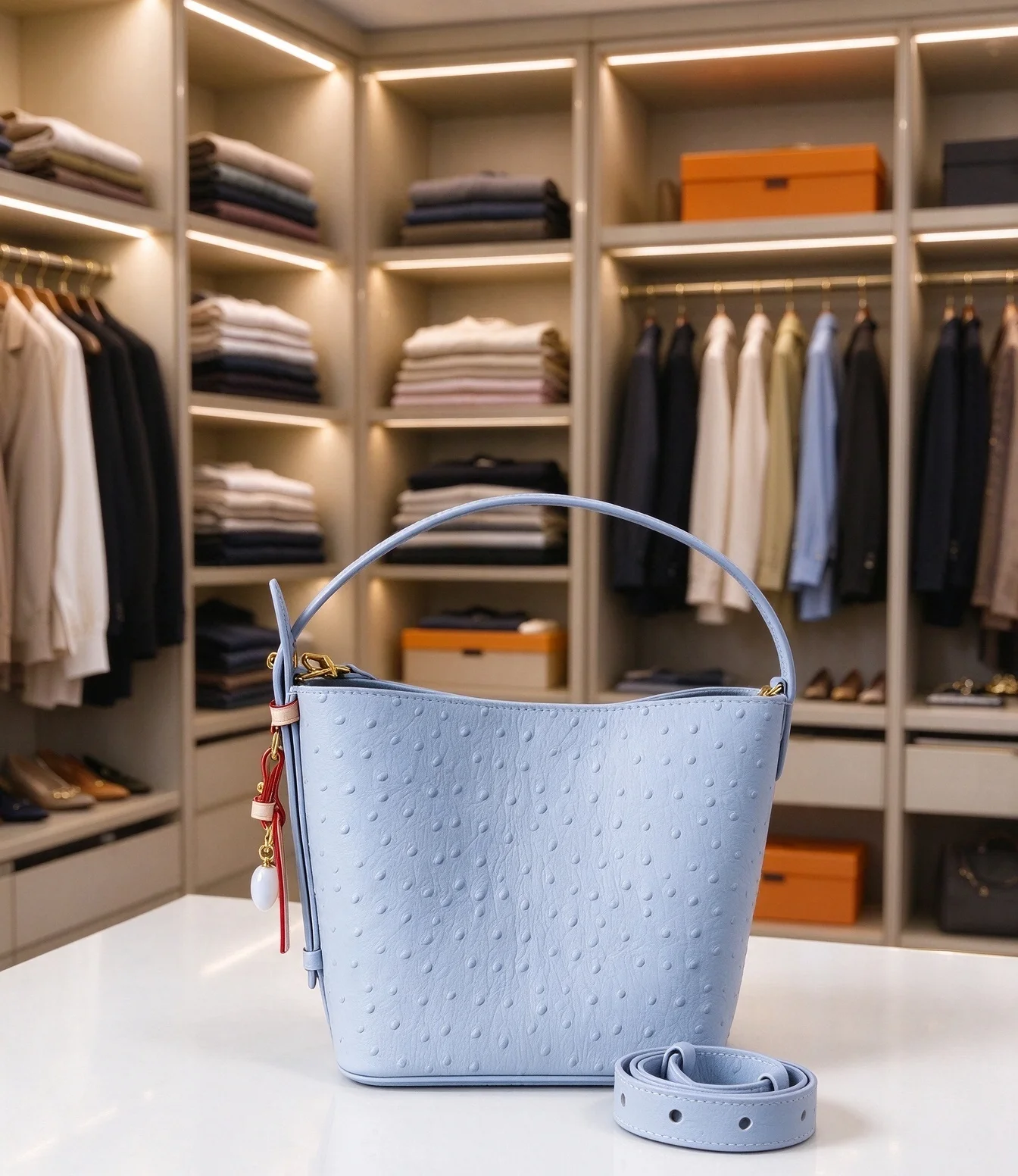 Fresh Minimalist Style Light‑blue Bucket Bag Removable Strap Casual Daily Purse