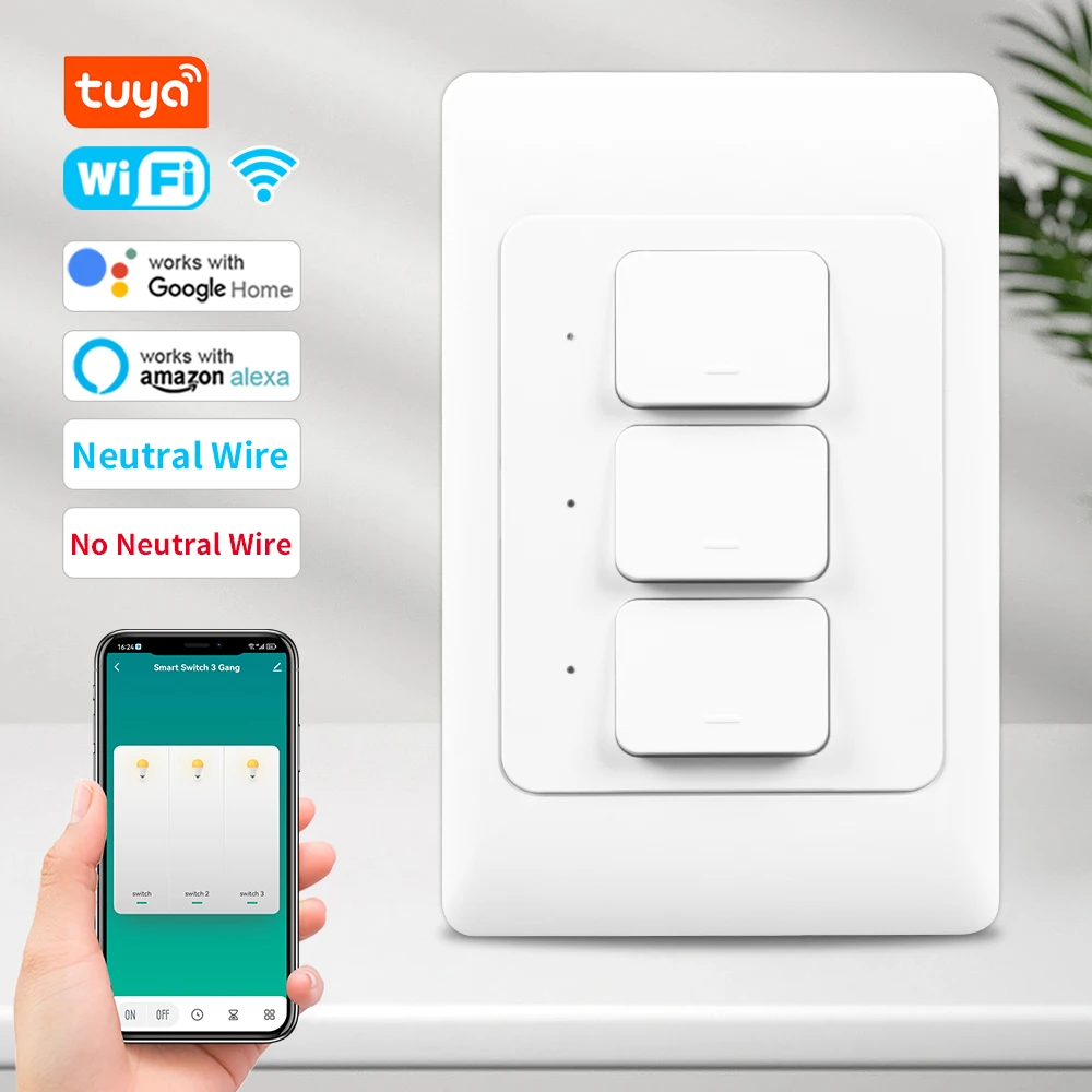 Tuya Smart WiFi Push Button Switches NO Neutral Wire &With Neutral Wire US AU Physical Interruptor Google Home Alexa 110-240V