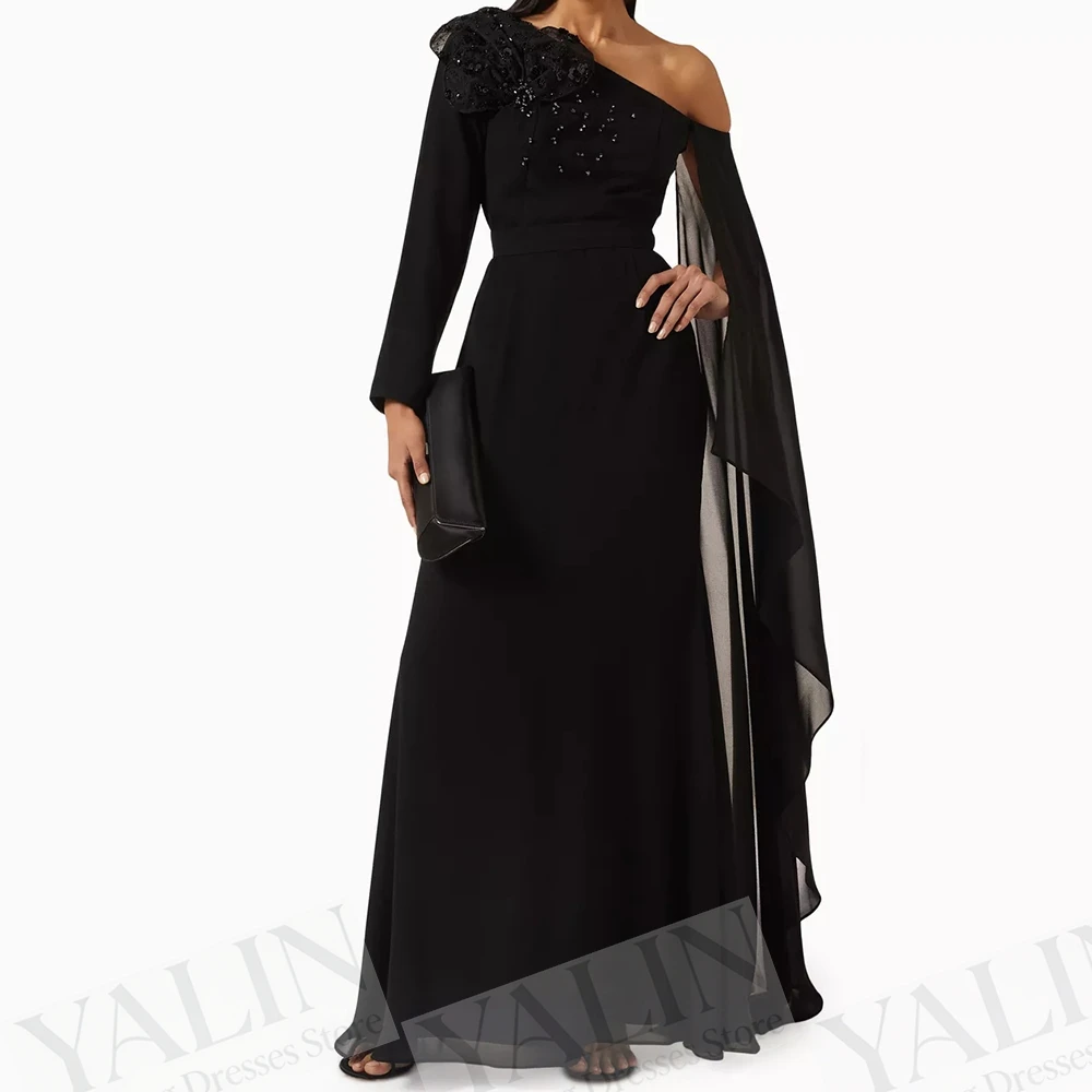 

Women's A-line Evening Dresses Floor-length One-shoulder Full Sleeve Prom Gown Fashion Flowers Sequined Draped Customized Gowns