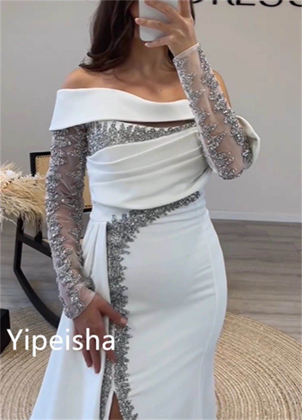 Yipeisha Retro Mode schulter freie Scheide Abend Cocktail Pailletten Falte drapiert Satin Promi Kleider