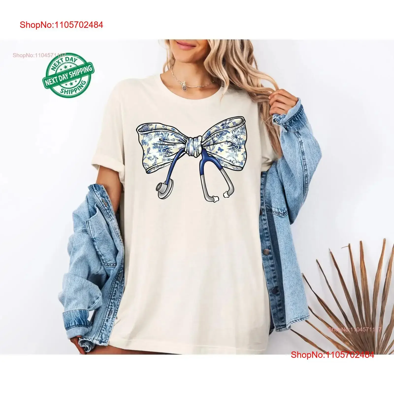 Nurse Toile Bow T Shirt Stethoscope Coquette Healthcare Professionals for Blue vintage Washed Slightly Unisex homme Versatile