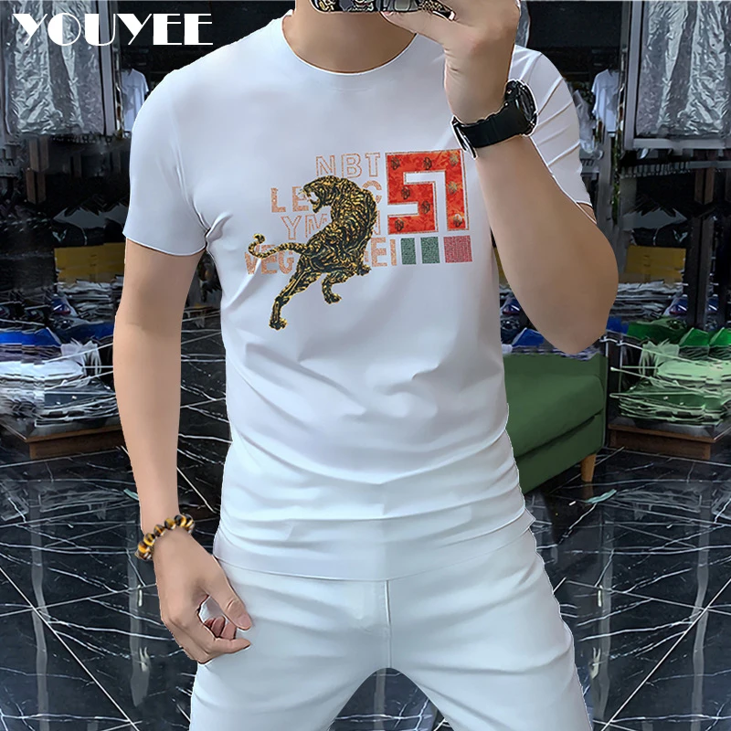 Fashion Men T-shirt Printed Hot Diamonds Leopard Man Top 2022 Summer New Designer Mature Male Handsome Tees Men’s Yellow Clothes