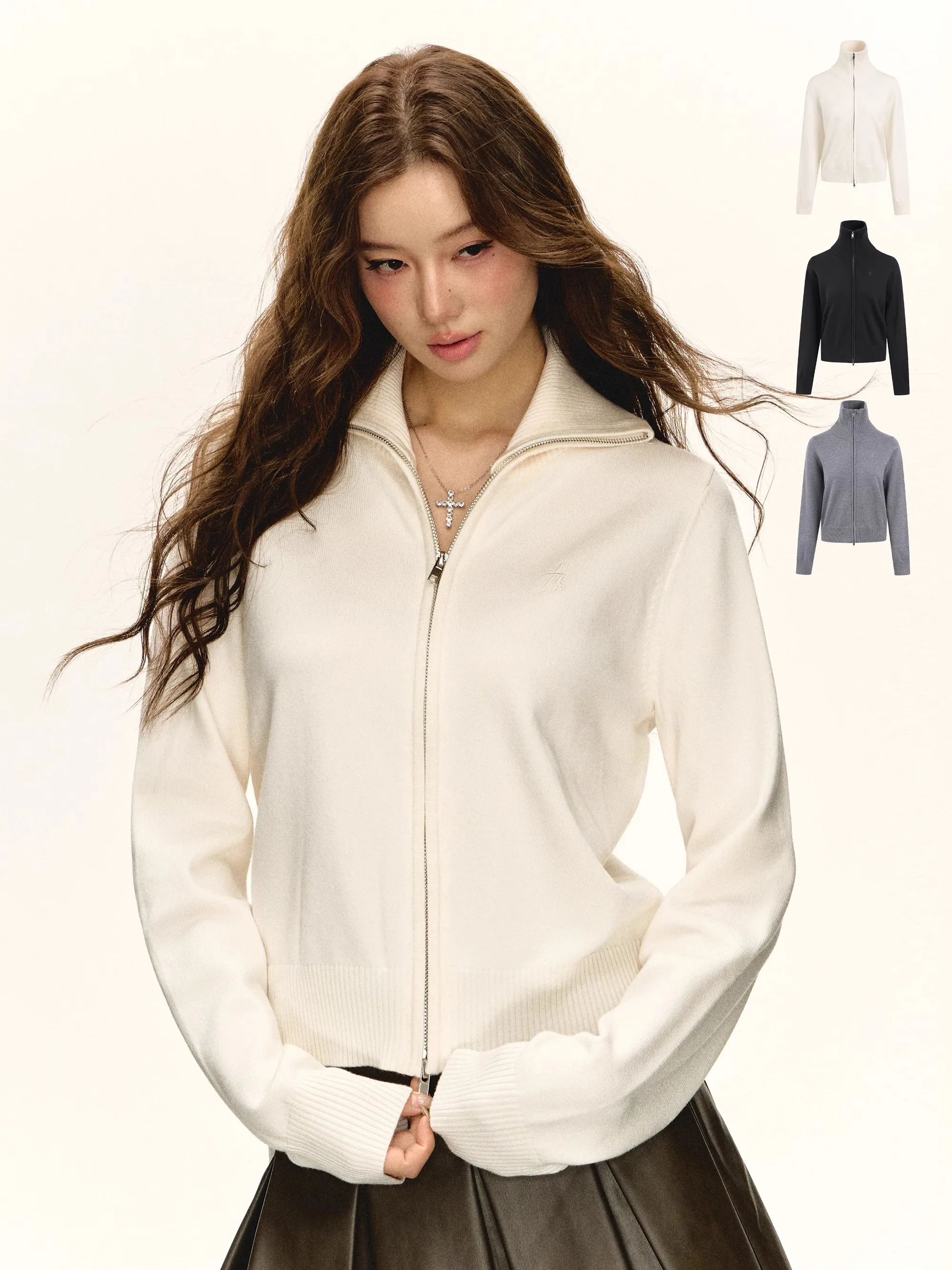 

Ariseism American Sle Retro Zipper Collar Pure Color Women's Sweater Jaet Autumn New Versatile Top Street Faion