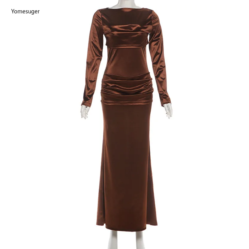 فستان Yomesugar أنيق مكشكش طويل ماكسي للنساء محب برقبة دائرية وأكمام طويلة فساتين ضيقة للحفلات المسائية والنوادي #4