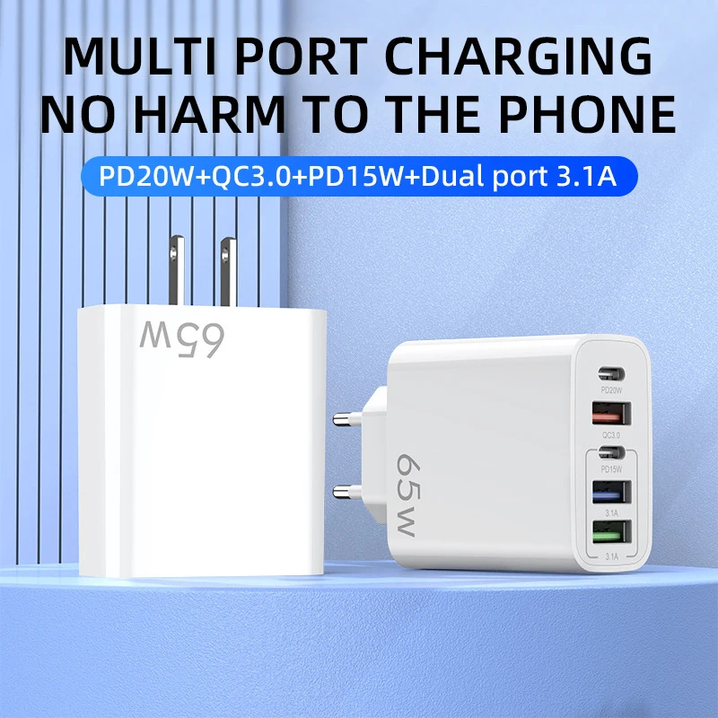 

65W Mobile Phone Charger Fast Charge 3USB&PD20W Type-c Port Travel Multi-function Charger For US EU Uk Suitable For Iphone