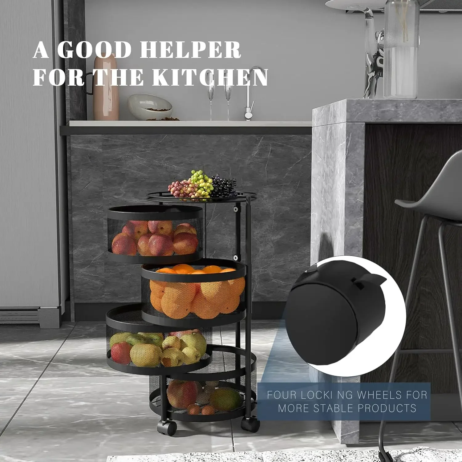 NEW Rotating Storage Rack for Kitchen, 4 Tier Fruit and Vegetable Storage for Kitchen Rotating Storage Rack with Wheels