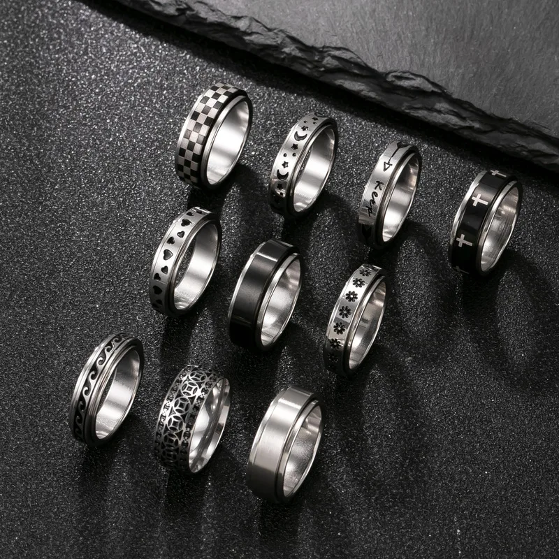 Black Silver Stainless Steel Spinner Ring Checkerboard Grid Pattern Wide Band Vintage Rotatable Stress Fidget Ring Men
