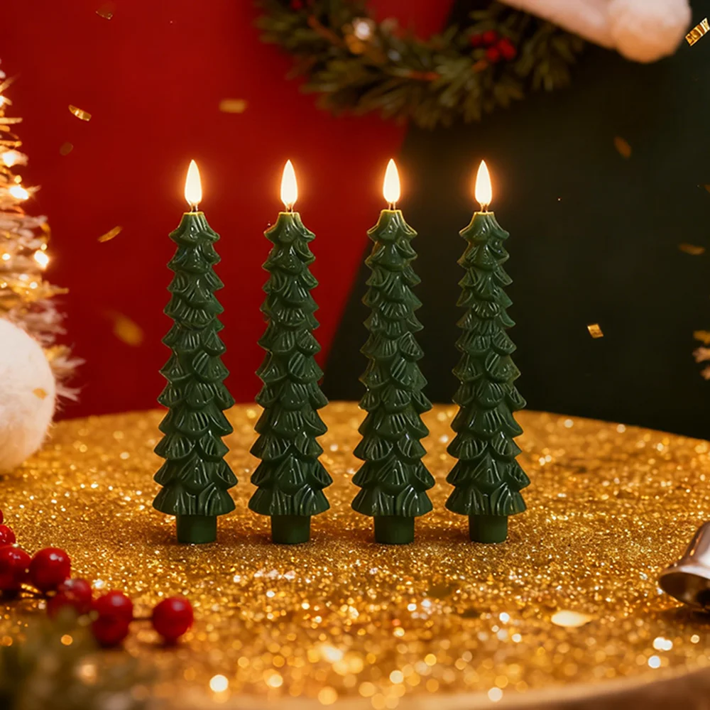 4pcs Christmas Tree LED Flameless Taper Candles, Flickering Christmas LED Taper Candles Light Battery Operated