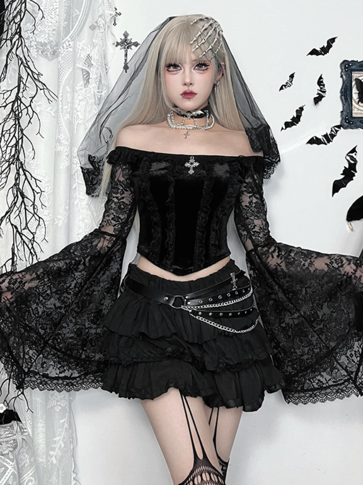 Fairycore Grunge Gothic Velvet T-shirt Women Mall Goth Sexy Lace Patchwork Flare Sleeve Off The Shoulder Crop Tee Tops