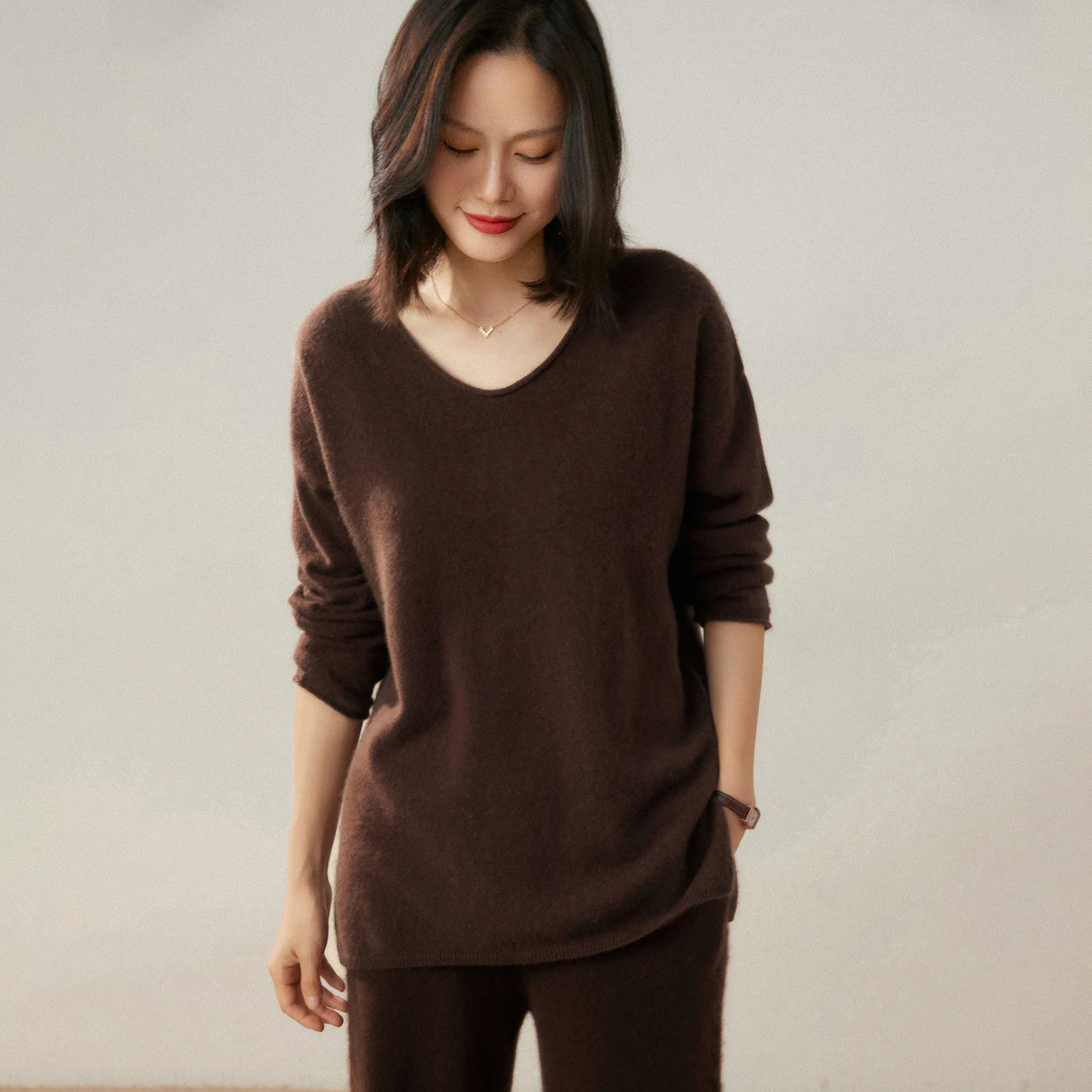 

Женский пуловер из 100% чистого кашемира, повседневный однотонный вязаный свитер, утепленный теплый v-образный вырез, свободные топы