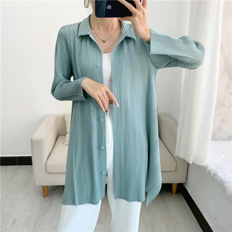 GGHK Miyake Autumn Casual Female Tops Solid Color Single Breasted Lapel Long Sleeve Windbreaker Fall 2023 Fashion Women Clothing