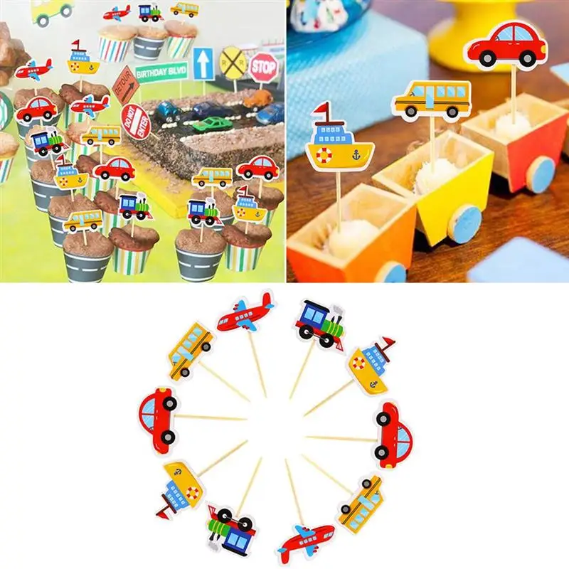 30 Pcs Paper Cup Baby Cars Cupcake Toppers Bamboo Transportation Design Topppers