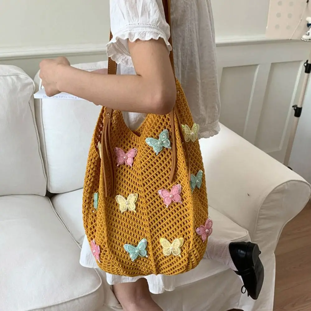 

Hollow Out Butterfly Knitting Bag Beach Handbag Bohemian Style Beach Bag Tote Bag Large Capacity Hollow Shoulder Bag Shopping