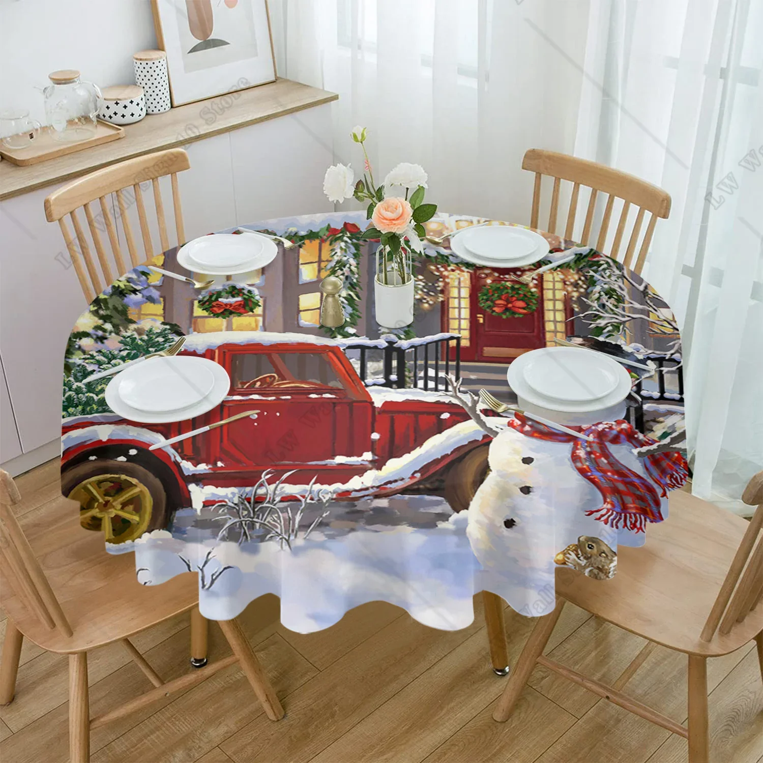 Snowman Houses Christmas Tree Truck Round Tablecloth Waterproof Wedding Party Table Cover Christmas Dining Table Tablecloth