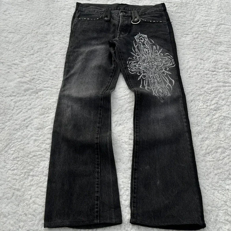 

Y2K Black Washed Denim Pants Vintage Cross Leather Detail Micro Flared Jeans Punk High Street Western Cowboy Unisex Streetwear