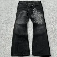 Y2K Black Washed Denim Pants Vintage Cross Leather Detail Micro Flared Jeans Punk High Street Western Cowboy Unisex Streetwear