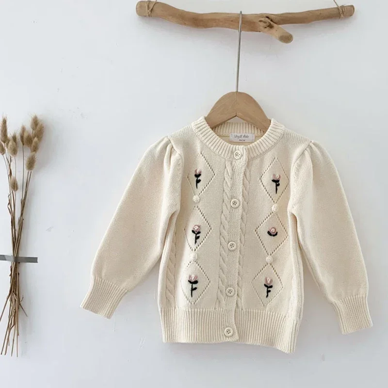 Autumn Baby Floral Embroider Sweater Cardigan Girls Clothes Baby Sweater Kids Knitwear Jacket Long Sleeved Baby Knitted Cardigan