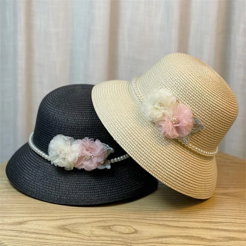 Western Straw Hat with Flower Handwoven Breathable Sun Hat British Hat Elegant Pearl Chain Straw Hat with Flower Dropshipping