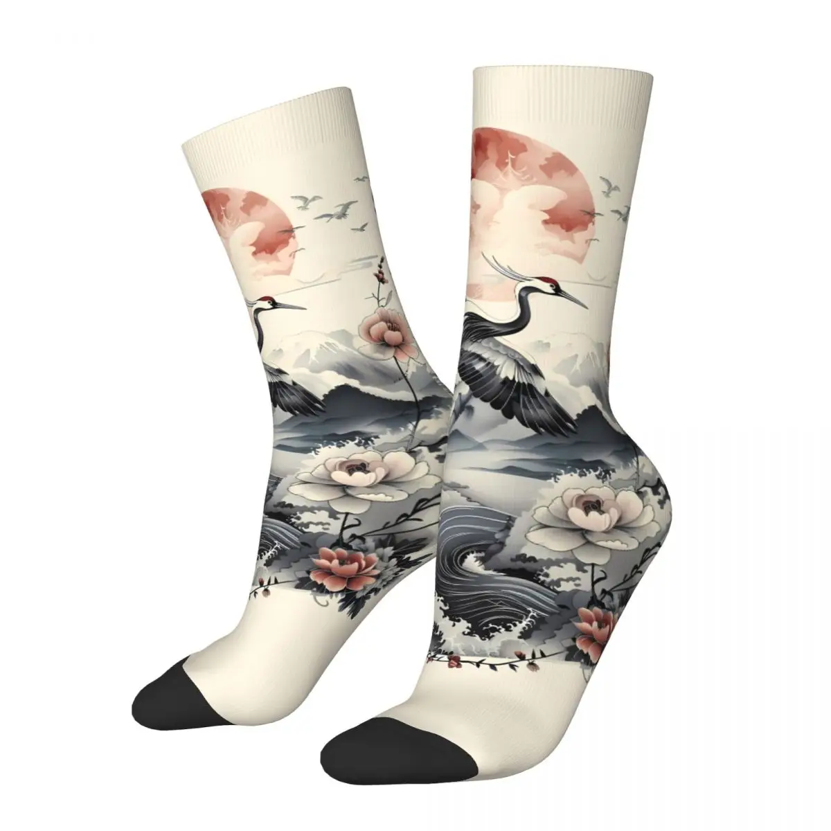 Red Crowned Crane Sock Printed Man Polyester