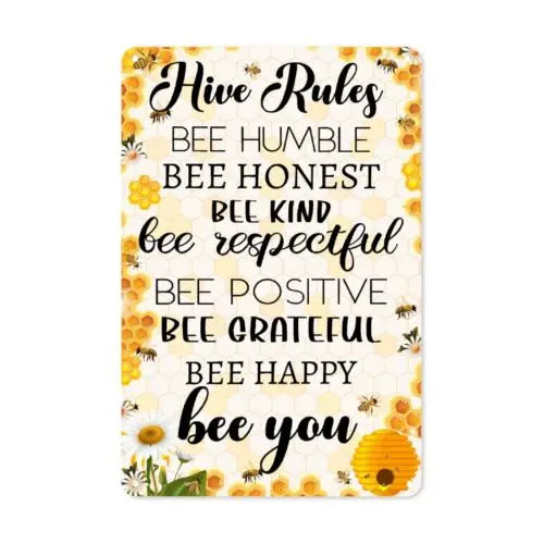 Affiche Bee Garden 8 x 12 pouces – Règles du ruche : Abeille modeste, Abeille honnête, Abeille gentille – Panneau en aluminium